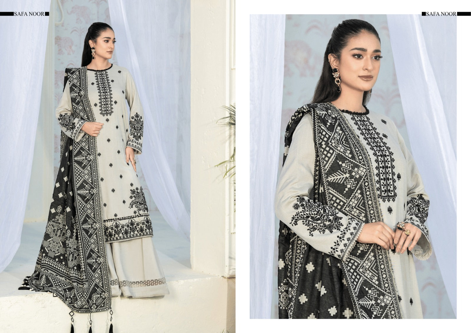 Light Grey Warm Slub 3-Piece Suit with Black Premium Jacquard Shawl