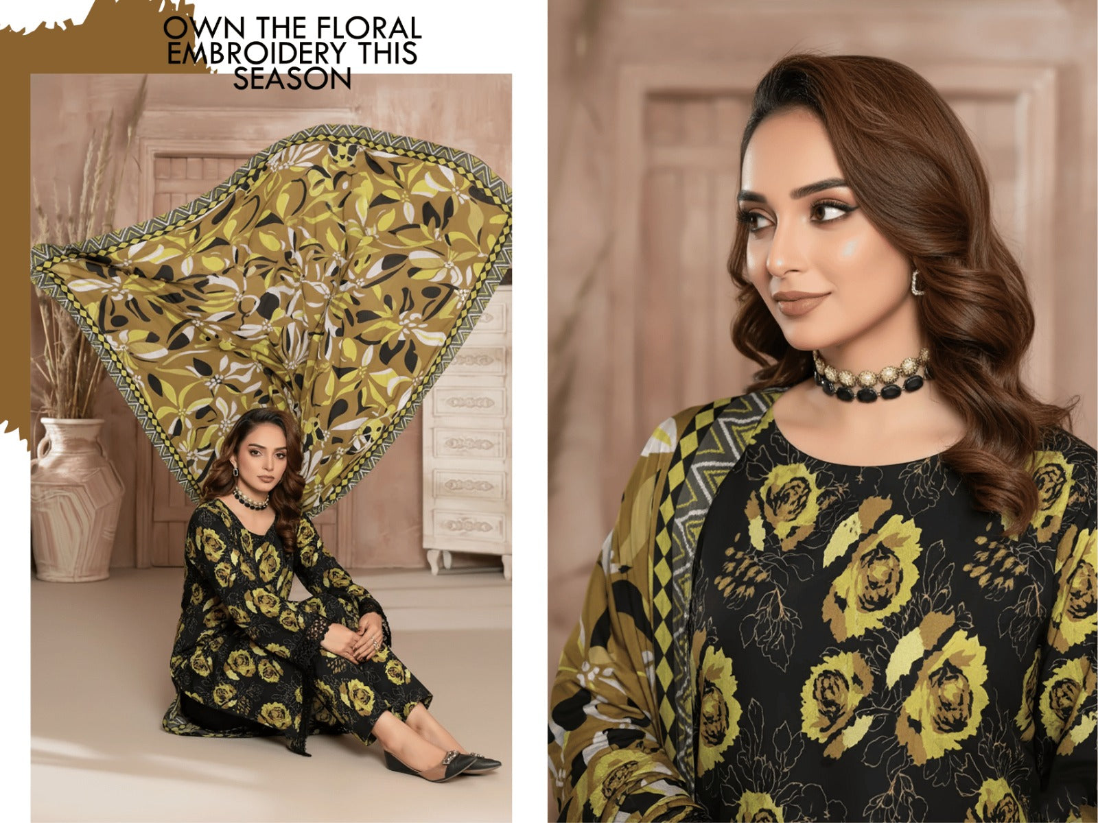 Black & Mustard Floral 3-Piece Suit | Premium Vintage Rod Winter Texture