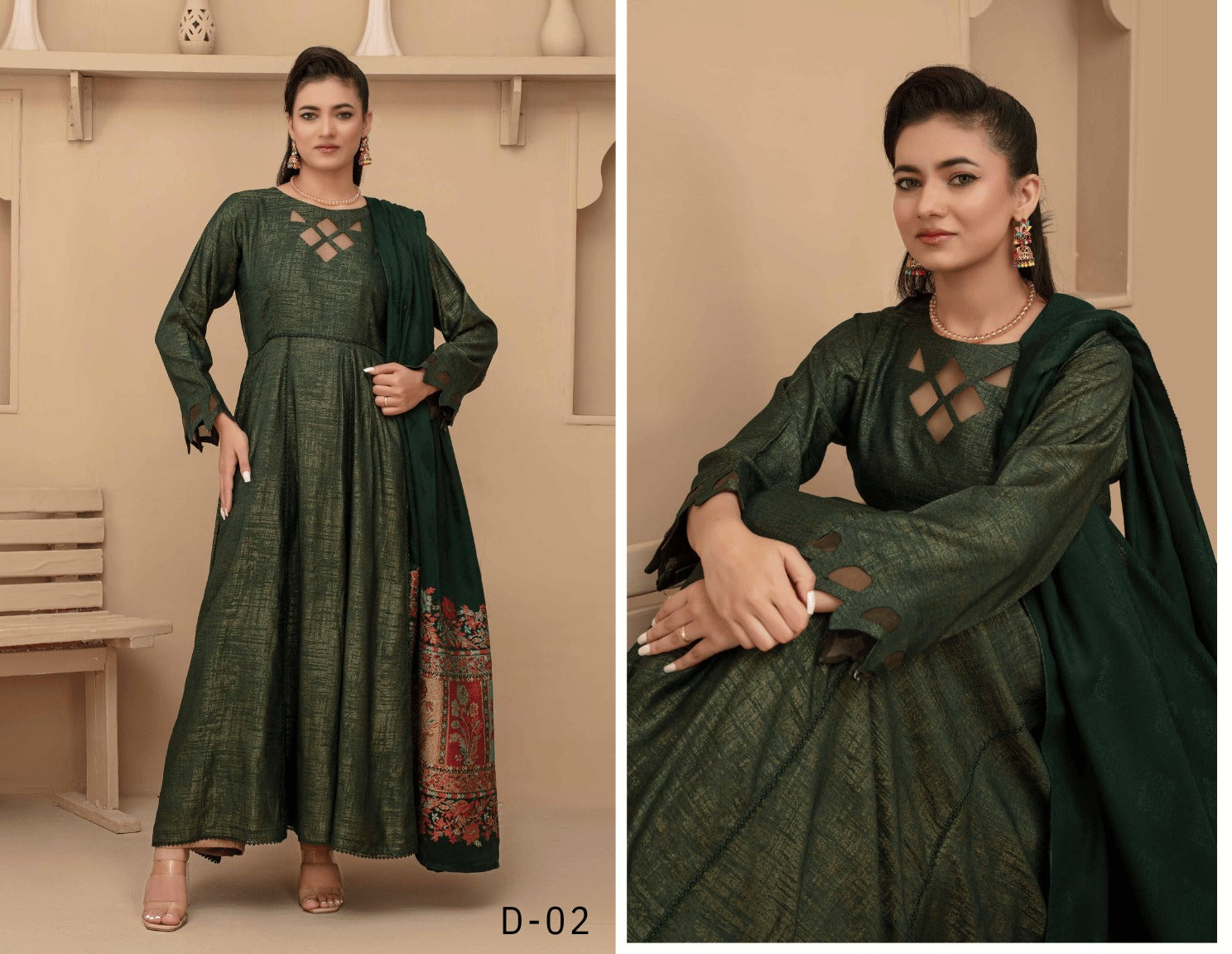 Woman wearing a green traditional outfit with a patterned hem in a neutral setting