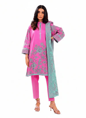 Alkaram winter fashion outfit with pink and light blue dress on a white background