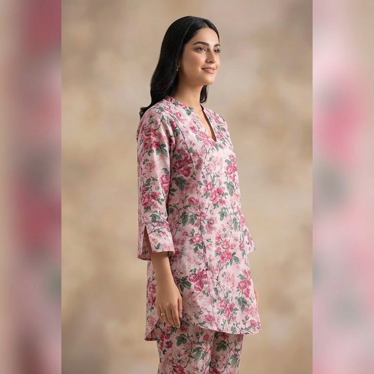 Woman wearing a floral outfit against a blurred background