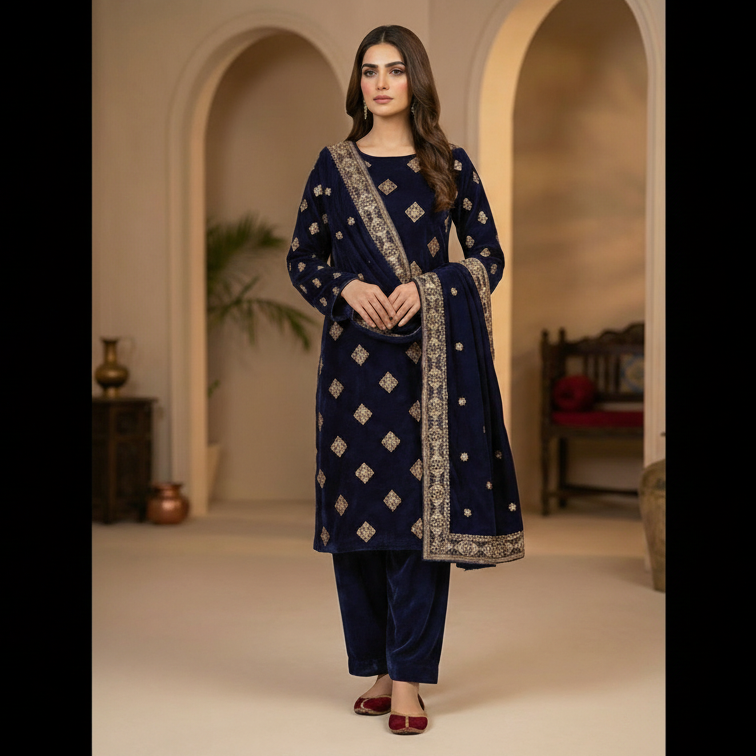 Woman wearing a navy blue embroidered traditional outfit in an indoor setting.