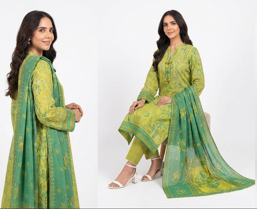 Woman modeling a green traditional outfit with a white background