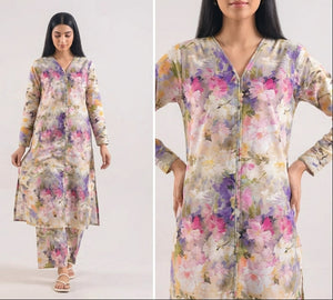 Woman wearing a floral dress with a plain background