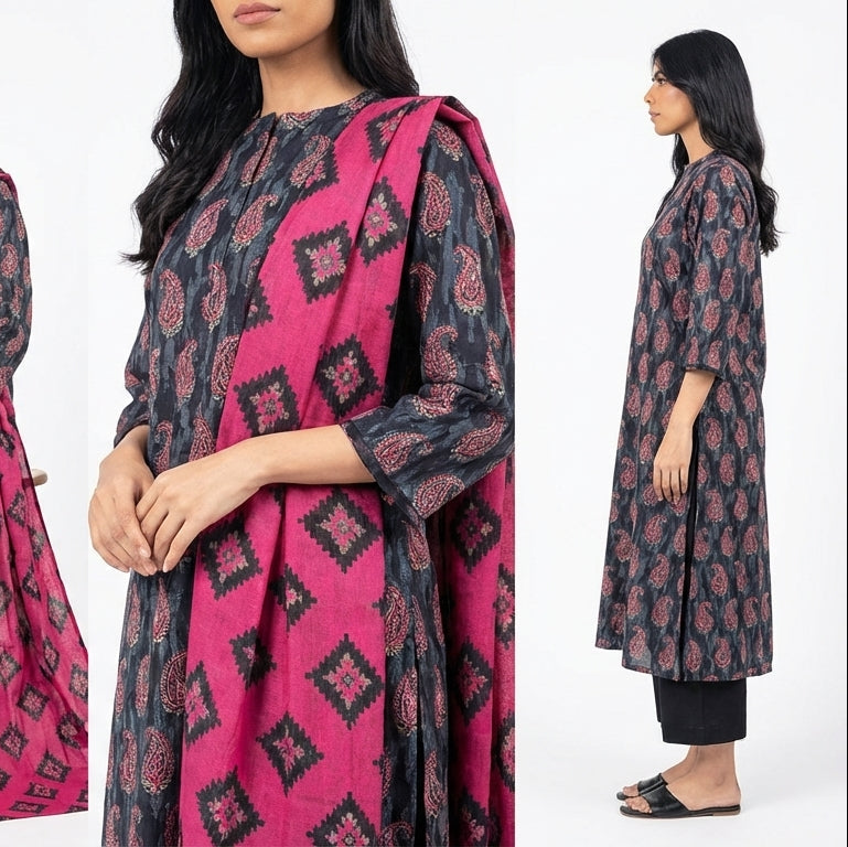 Woman wearing a pink and black patterned kurta with black pants on a white background