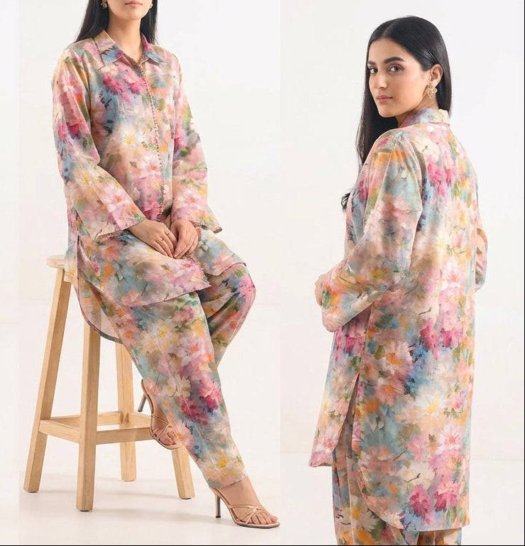 Woman wearing a floral pajama set in multiple poses on a white background