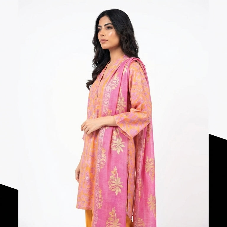 Woman wearing a pink traditional outfit with gold patterns on a white background