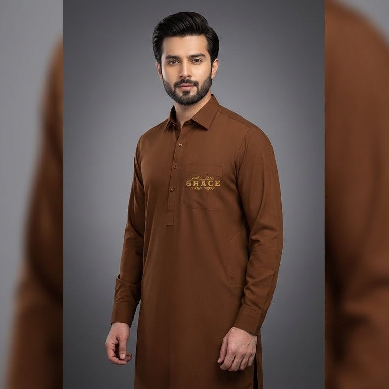 Man wearing a brown kurta with a logo on a gray background