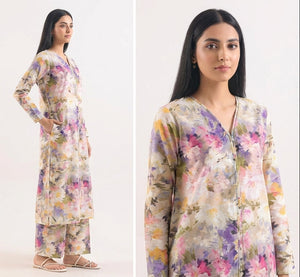 Three images of a woman wearing a floral outfit on a white background