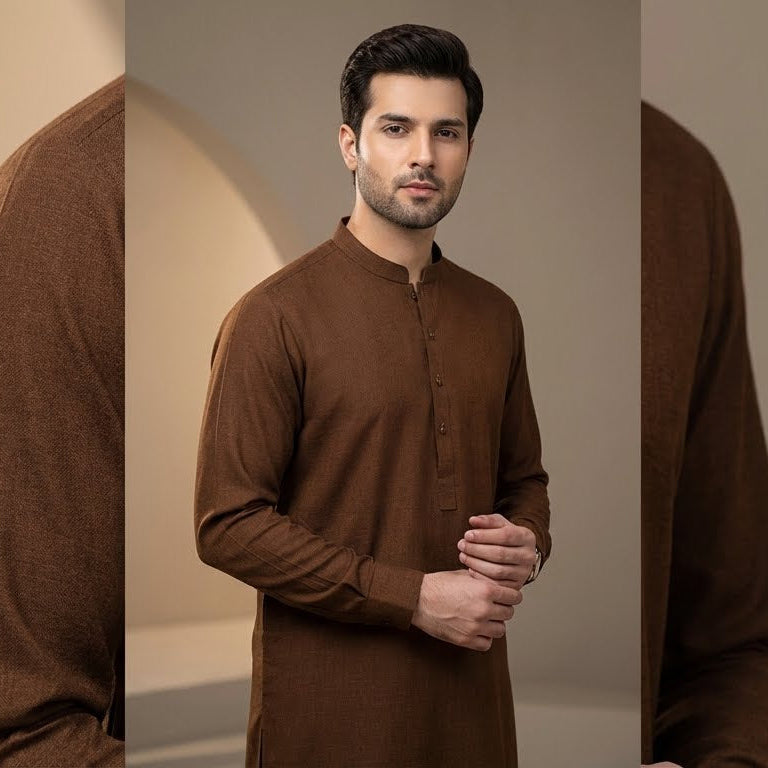 Man wearing a brown kurta against a neutral background