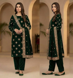 Woman in a green traditional outfit with gold embroidery, shown from multiple angles.