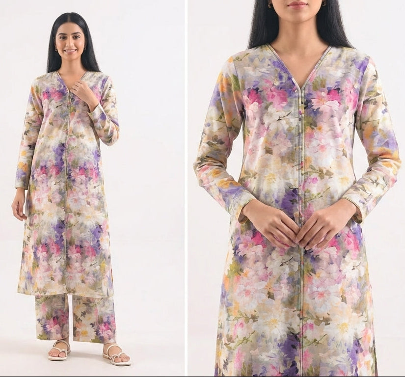 Woman wearing a floral dress with matching pants on a white background