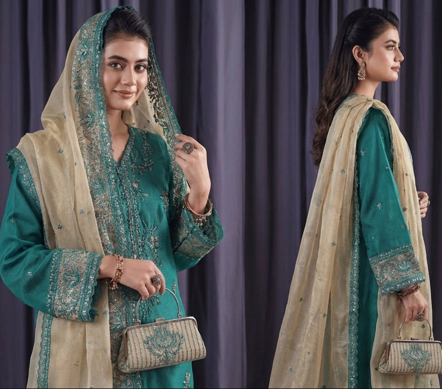 Woman in a teal and beige traditional outfit with a matching handbag against a gray curtain background
