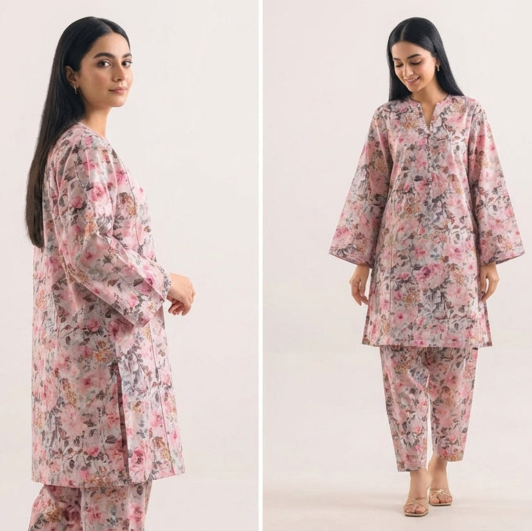 Woman modeling a pink floral outfit on a white background