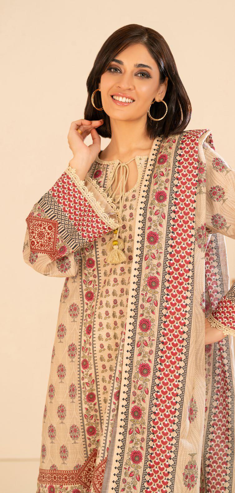 Elegant Ethnic Printed Khaddar 3-Piece Unstitched Suit | Beige & Red