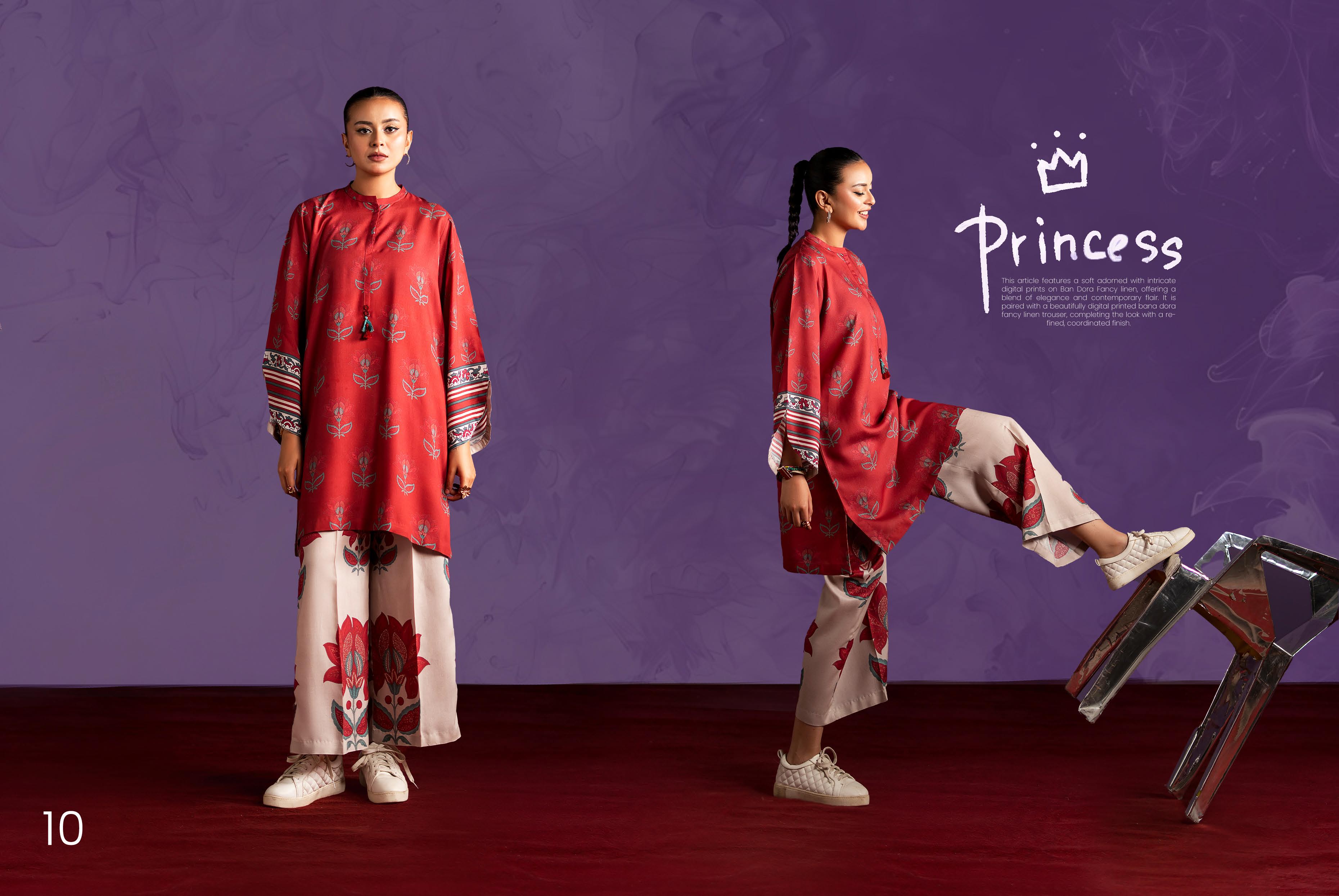 Regal Red Digital Print Linen Suit | 2-Piece Contrast Trouser Set