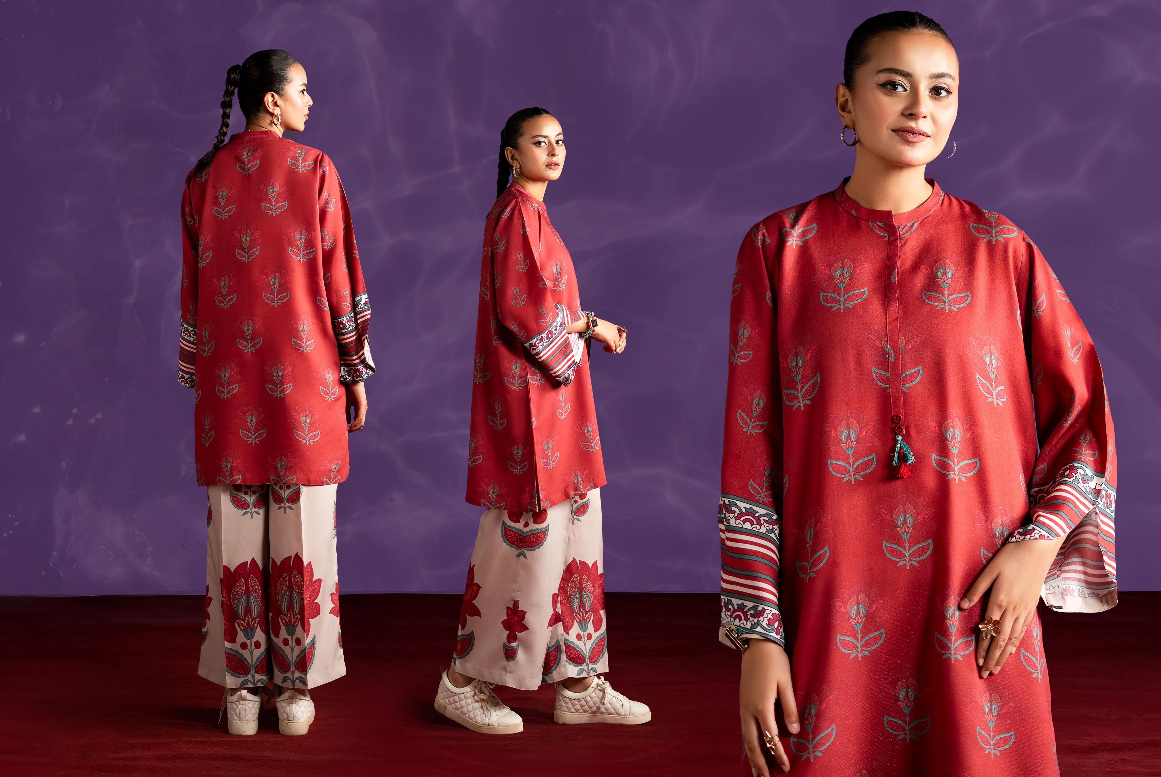 Regal Red Digital Print Linen Suit | 2-Piece Contrast Trouser Set