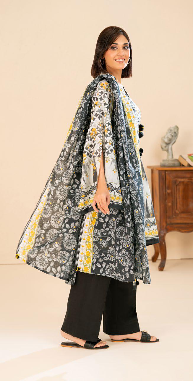 Monochrome and Mustard Printed Khaddar 3-Piece Unstitched Suit | Winter Collection