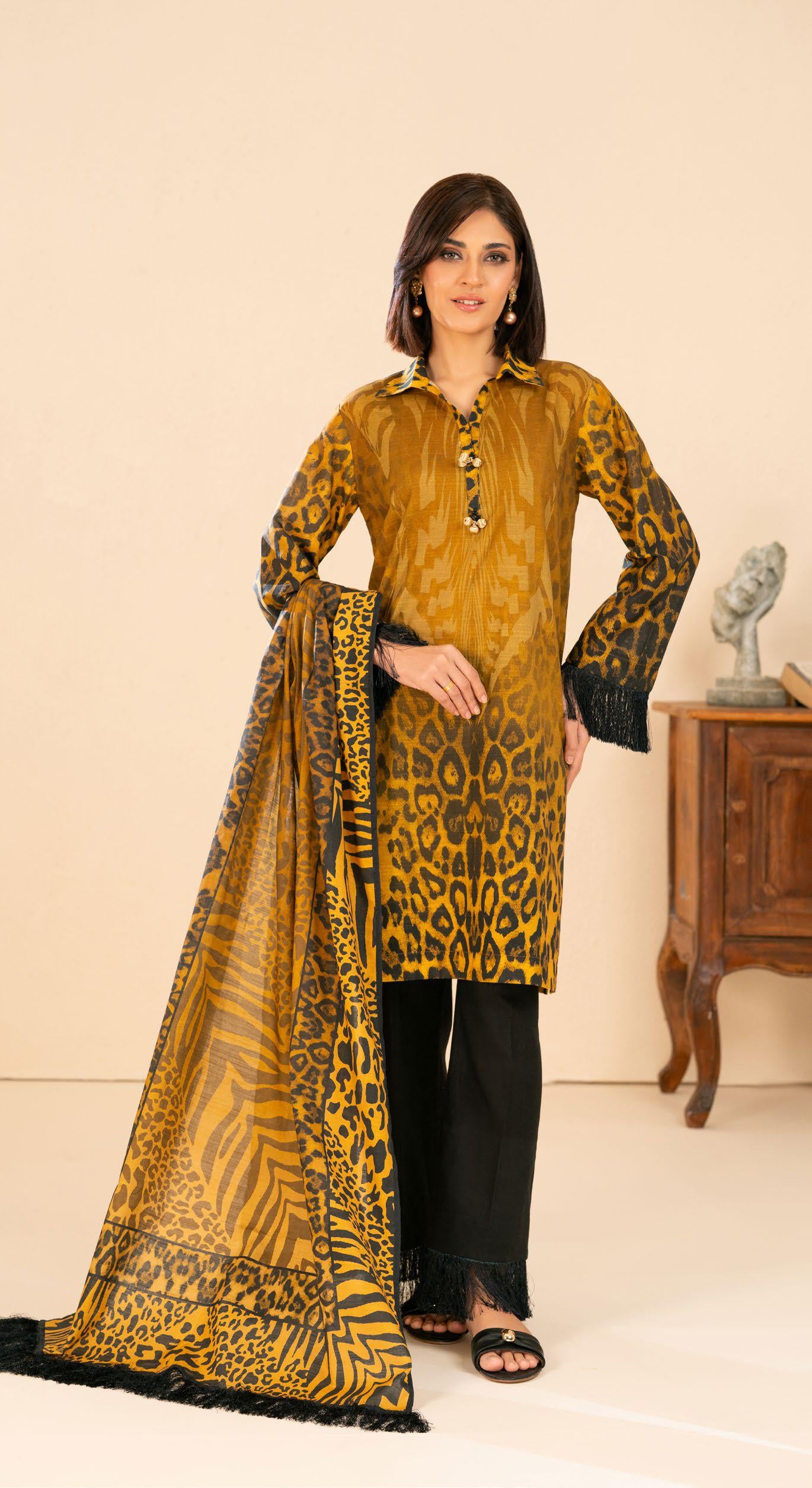 Bold Animal Print Khaddar 3-Piece Unstitched Suit | Mustard & Black