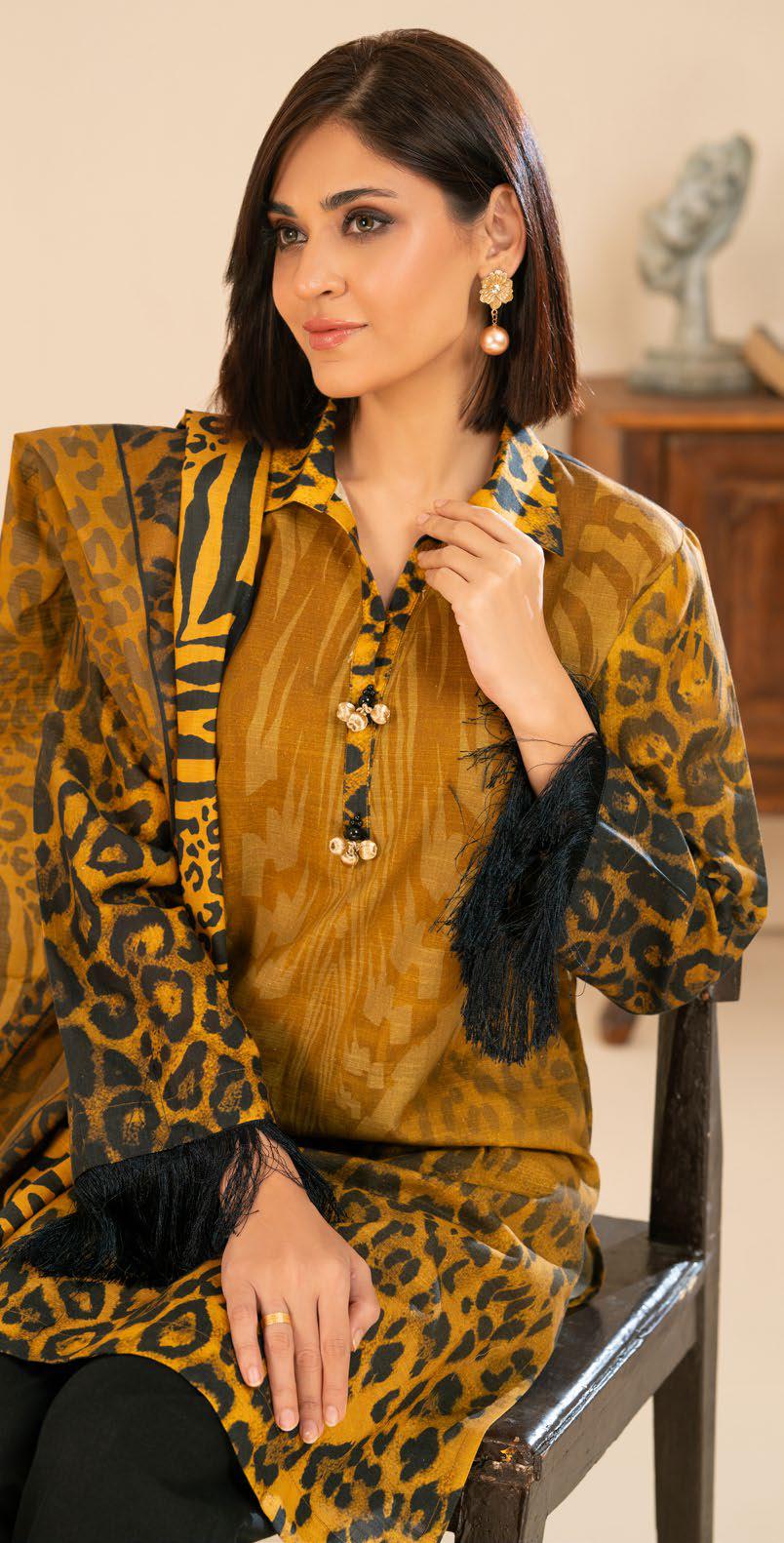 Bold Animal Print Khaddar 3-Piece Unstitched Suit | Mustard & Black