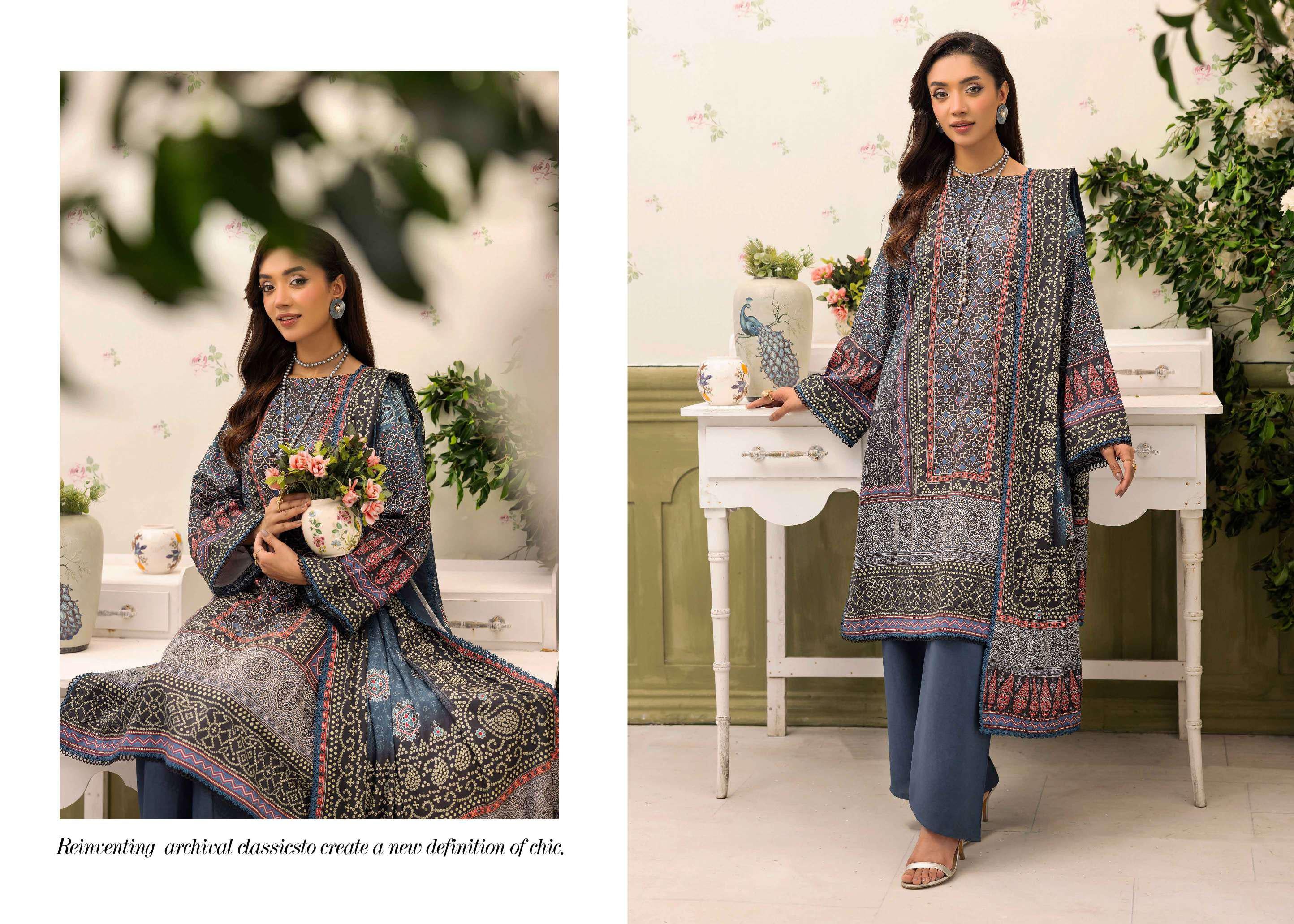 Luxury Archival Print Linen Suit | 3-Piece Slate Blue & Black Winter Collection