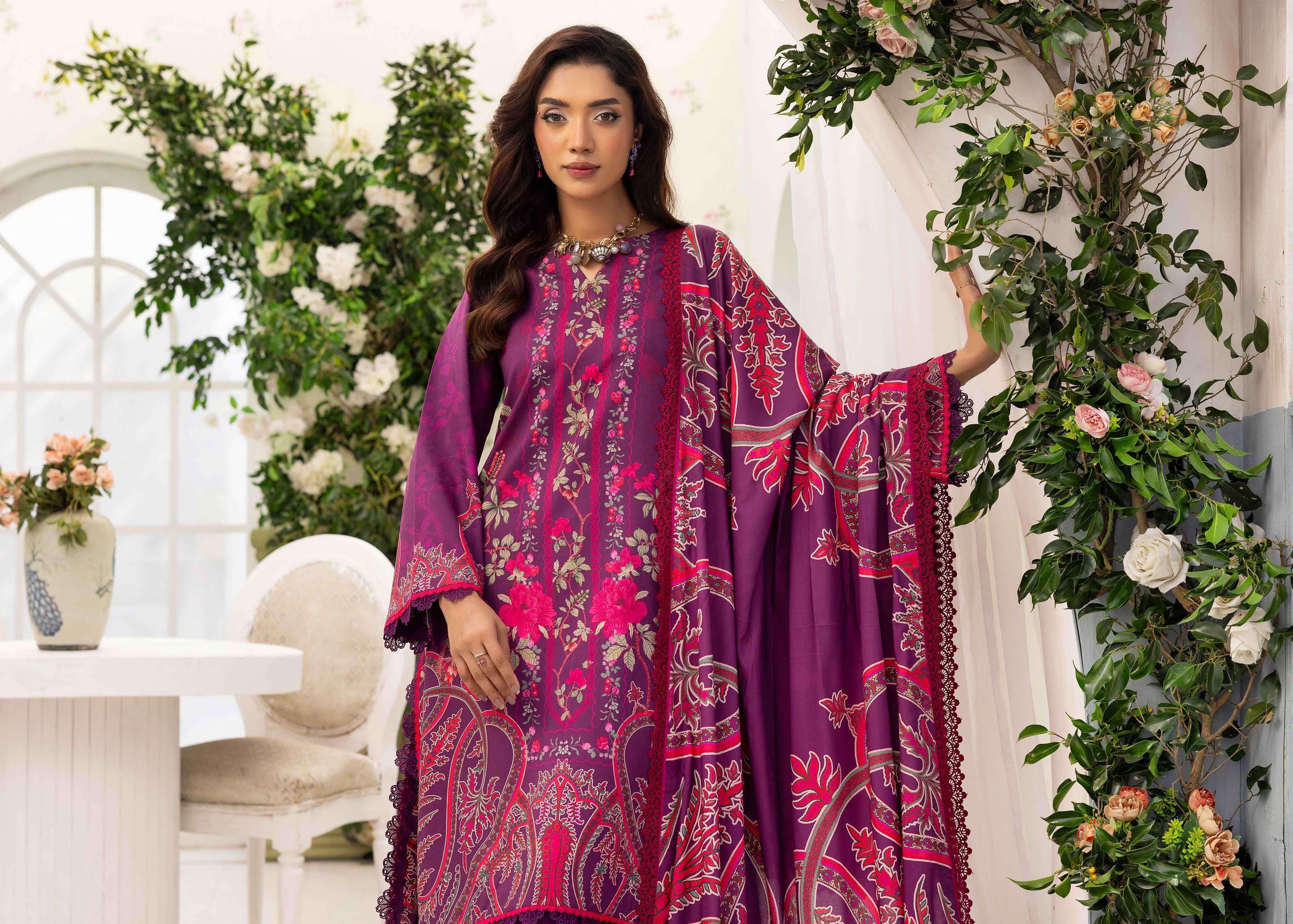 3-Piece Luxury Printed Linen Suit | Regal Plum with Floral & Paisley Print | Winter Collection