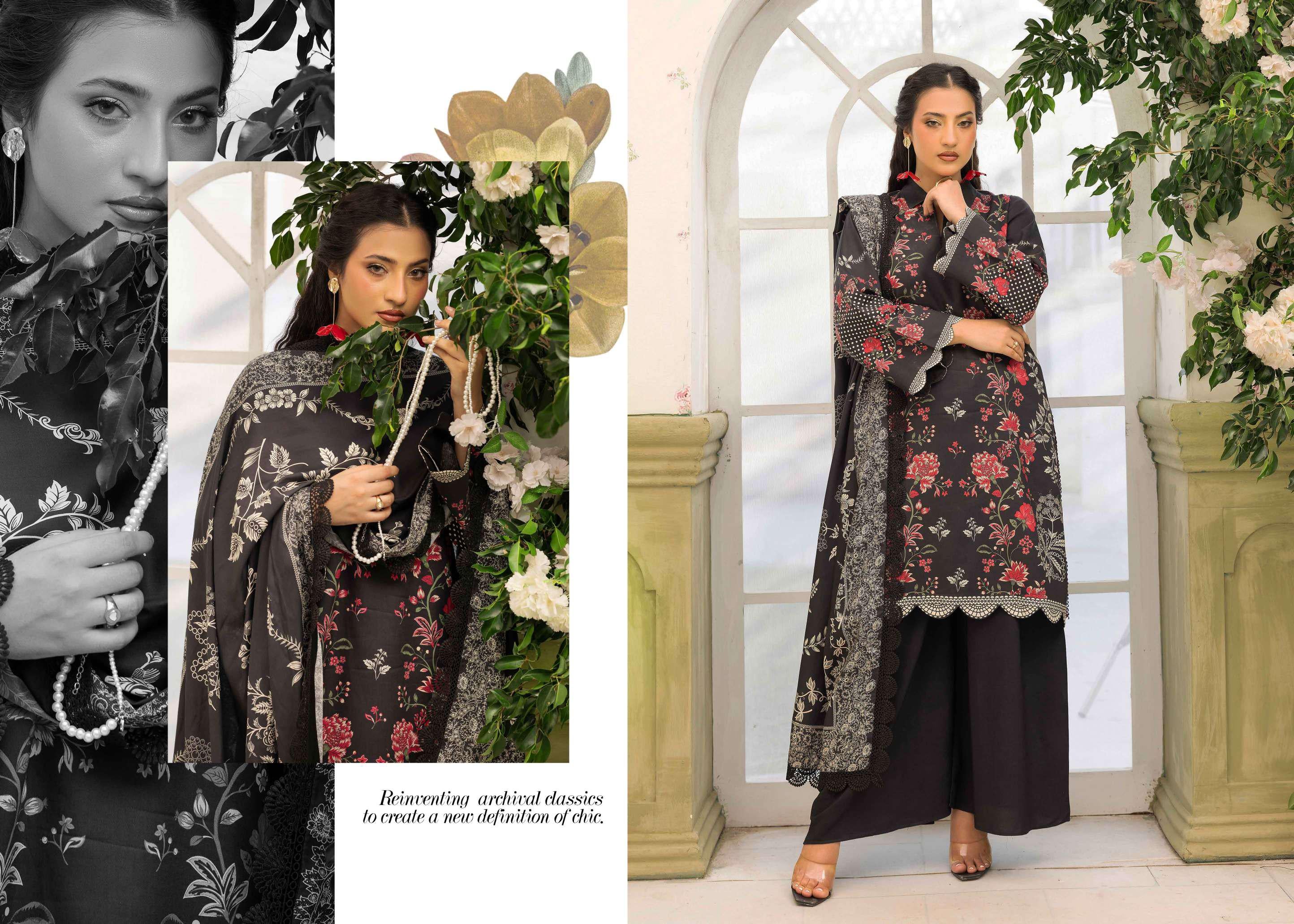 Luxury Digital Printed Linen Suit | 3-Piece Black Floral Winter Collection | Unstitched Pakistani Dress