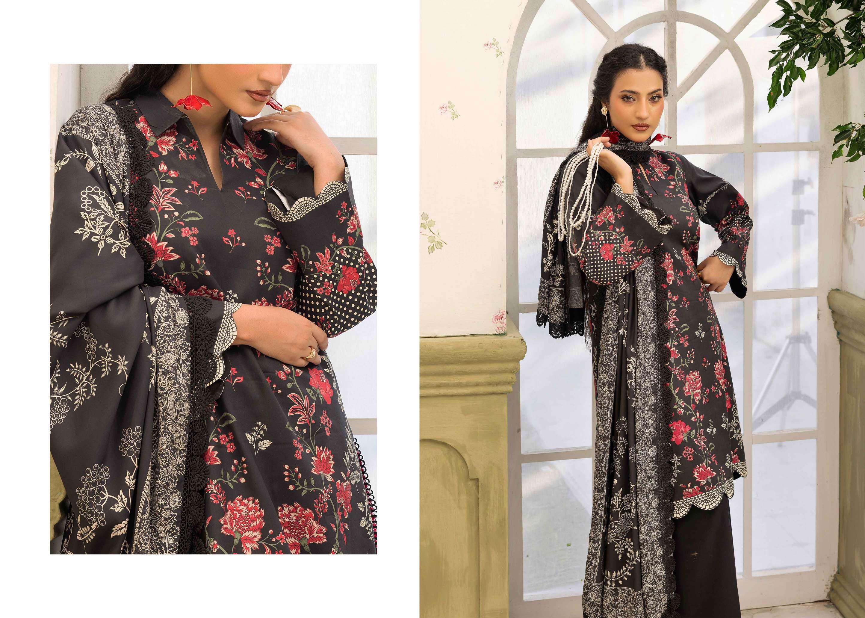 Luxury Digital Printed Linen Suit | 3-Piece Black Floral Winter Collection | Unstitched Pakistani Dress