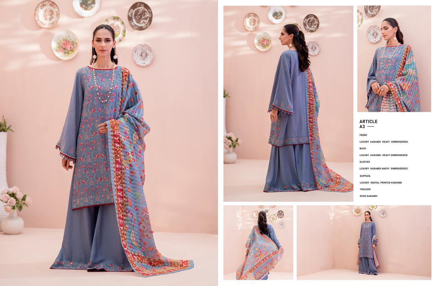 Blue Mist: Premium Karandi 3-Piece Suit with Heavy Embroidery & Digital Printed Shawl | Unstitched