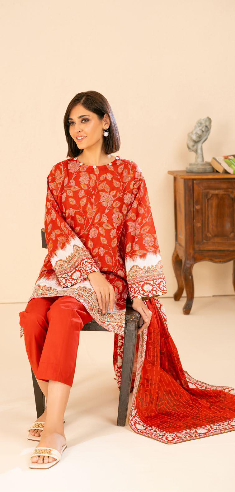 Cinnabar Red: 3-Piece Ethnic Print Khaddar Suit | Winter Collection
