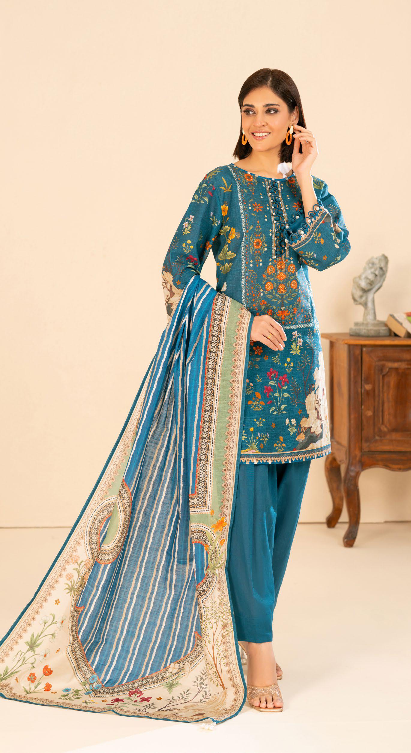 Teal Meadow: 3-Piece Artistic Print Khaddar Suit | Winter Collection