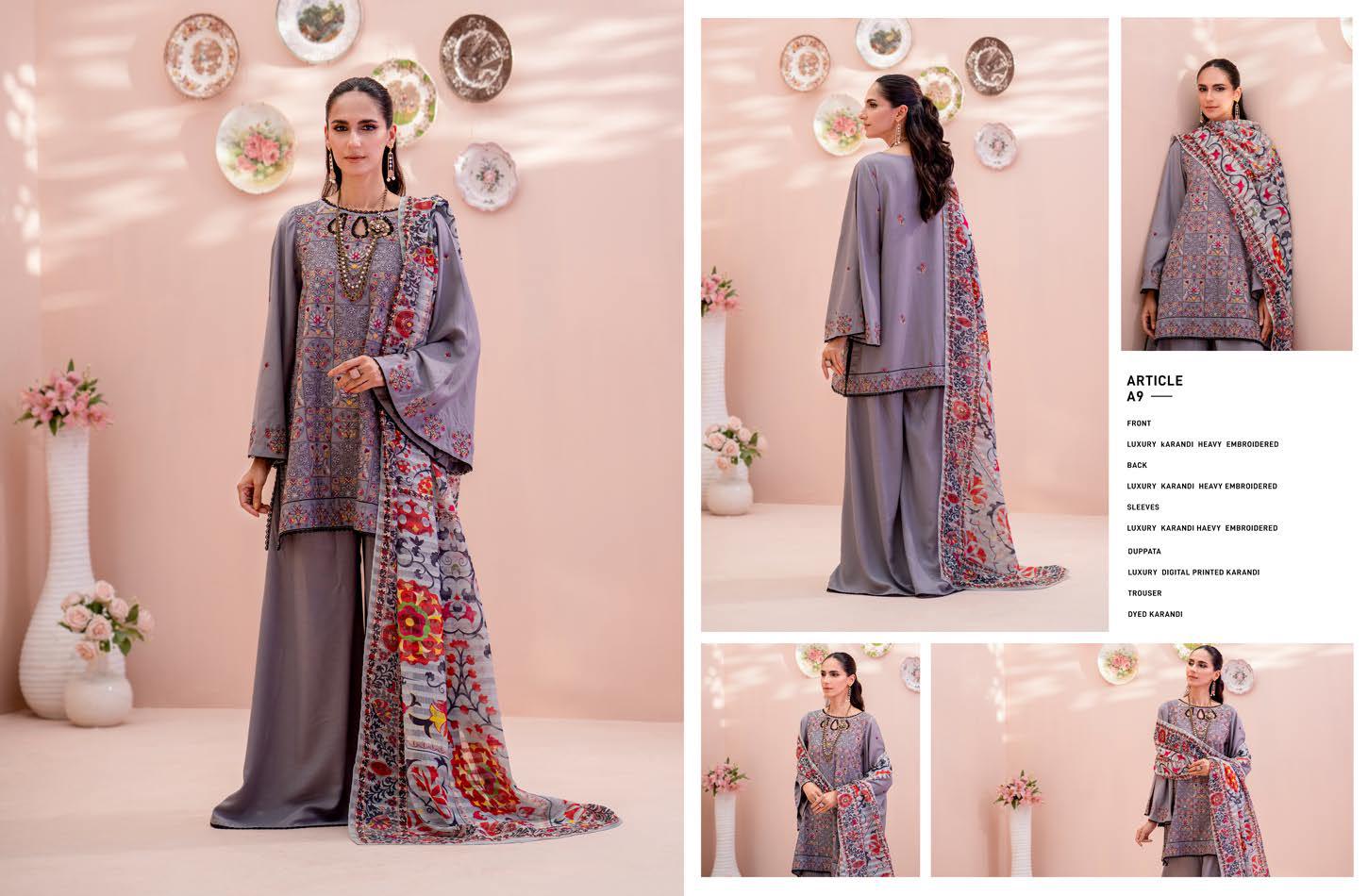 "The Midnight Mauve" | Article A9 - Premium Embroidered Karandi with Art-Print Shawl | Unstitched