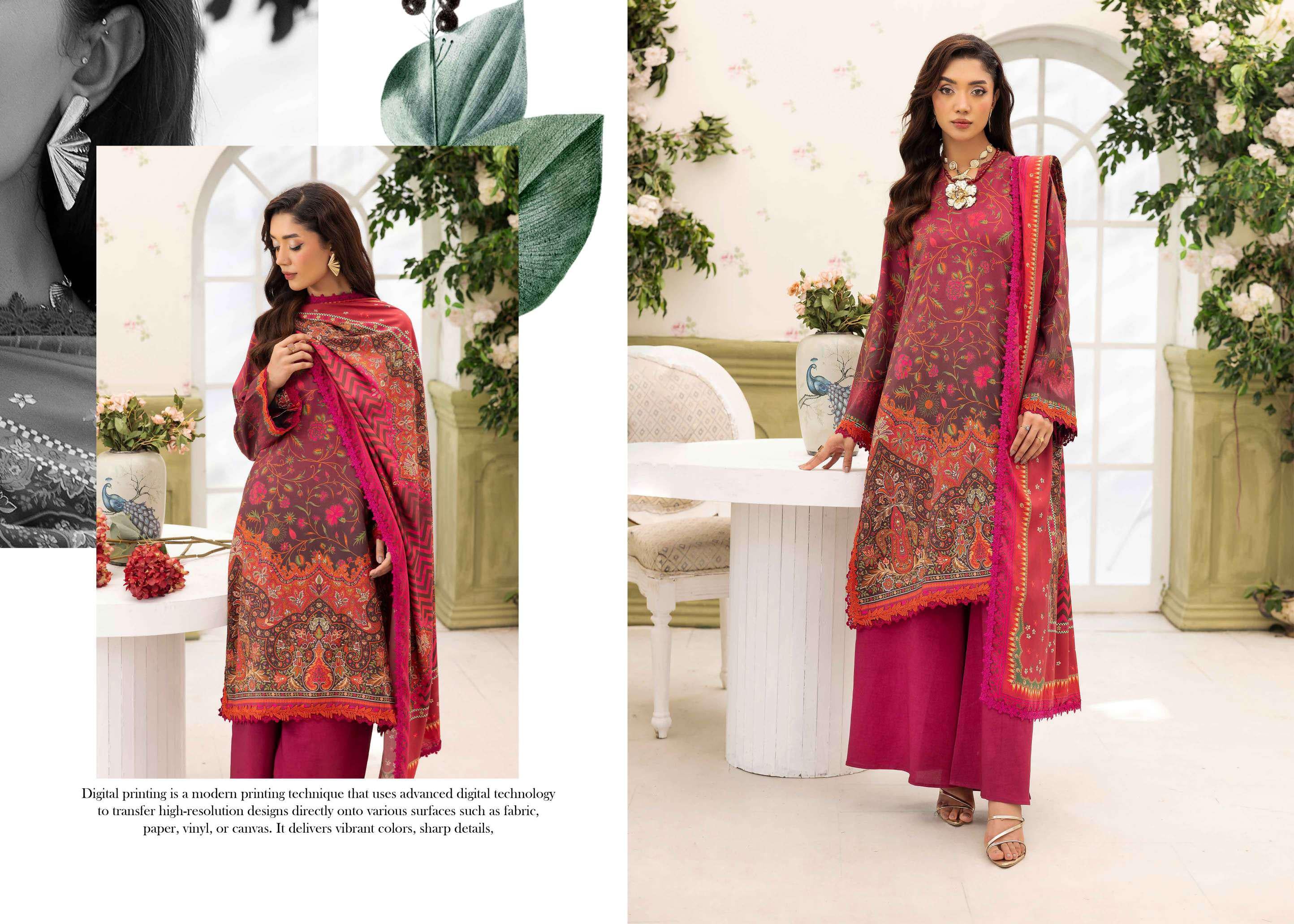 Luxury Digital Print Linen 3-Piece Suit | Vibrant Magenta & Maroon Winter Collection