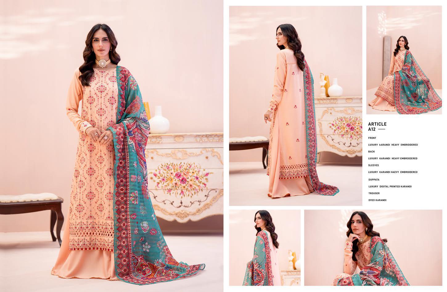 "The Sunset Contrast" | Article A12 - Premium Embroidered Karandi with Teal Shawl | Unstitched