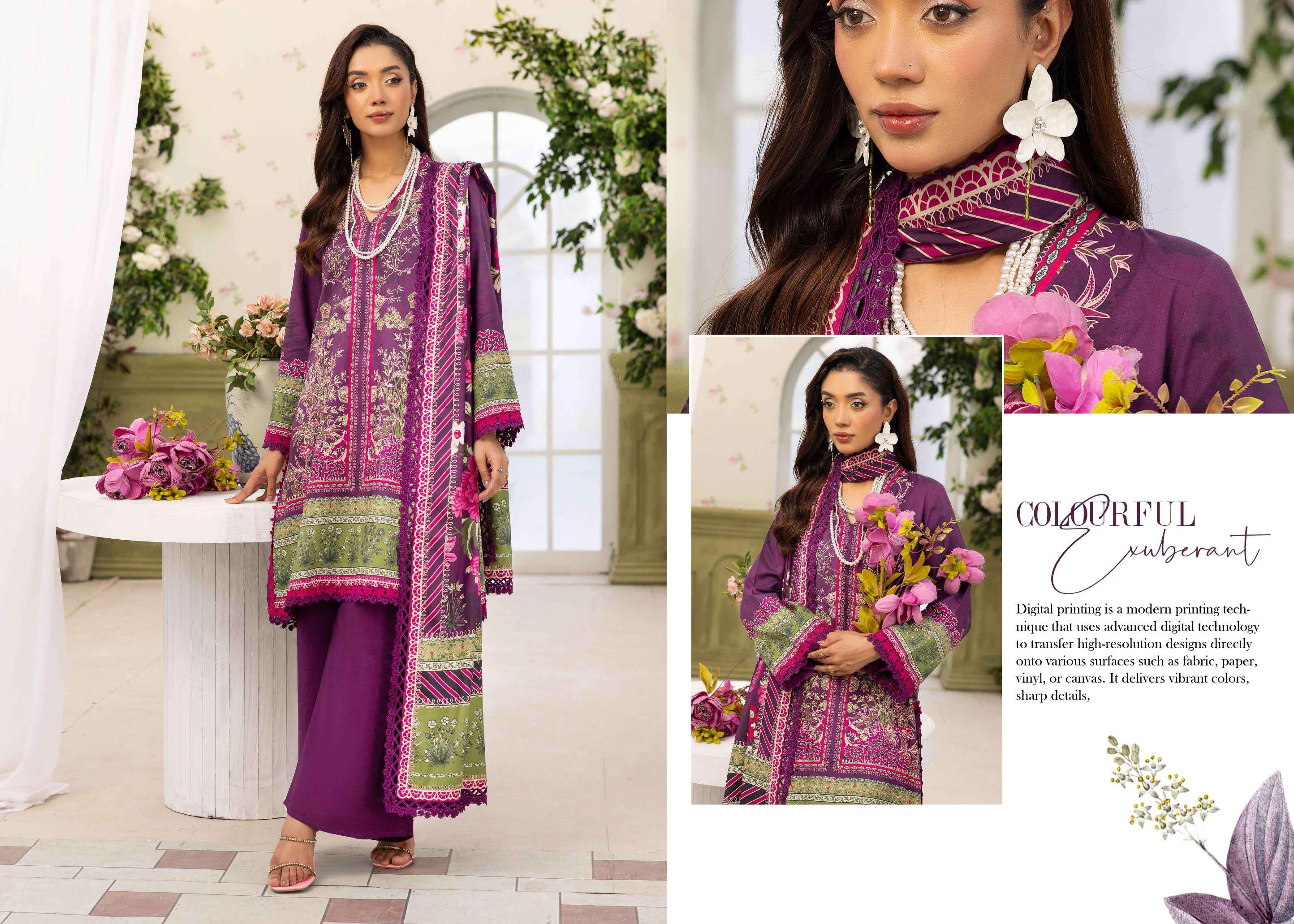 Royal Purple & Olive Digital Print Linen Suit | 3-Piece Luxury Winter Collection