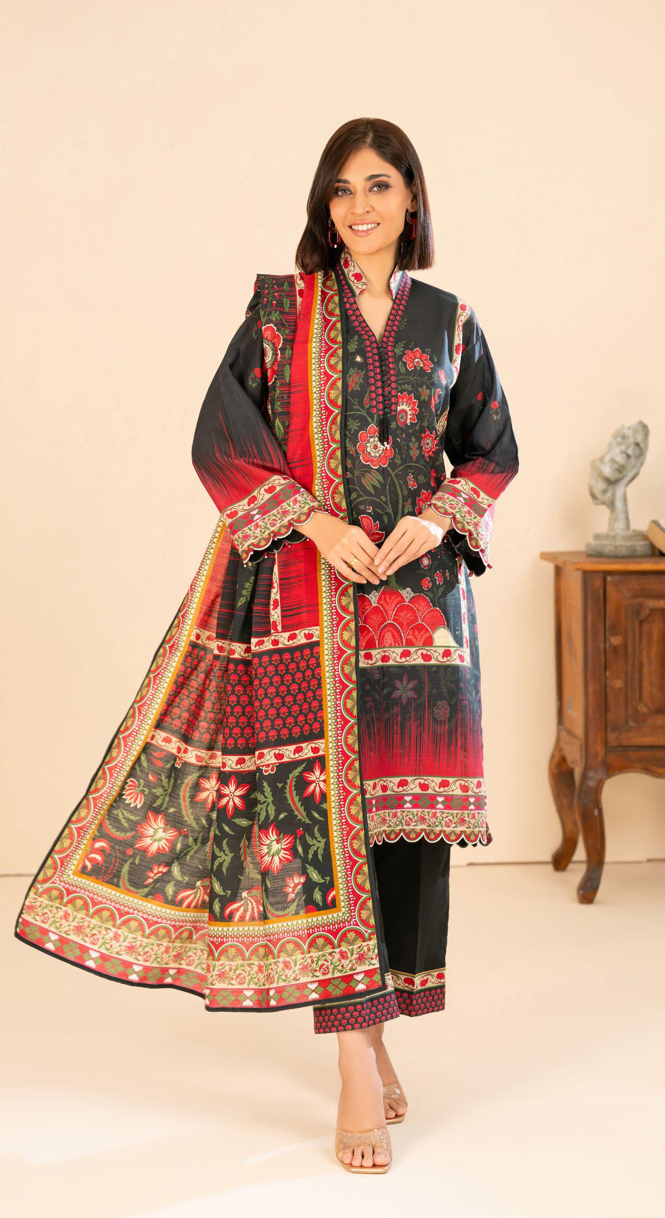 Dramatic Floral Printed Khaddar 3-Piece Unstitched Suit | Black and Red