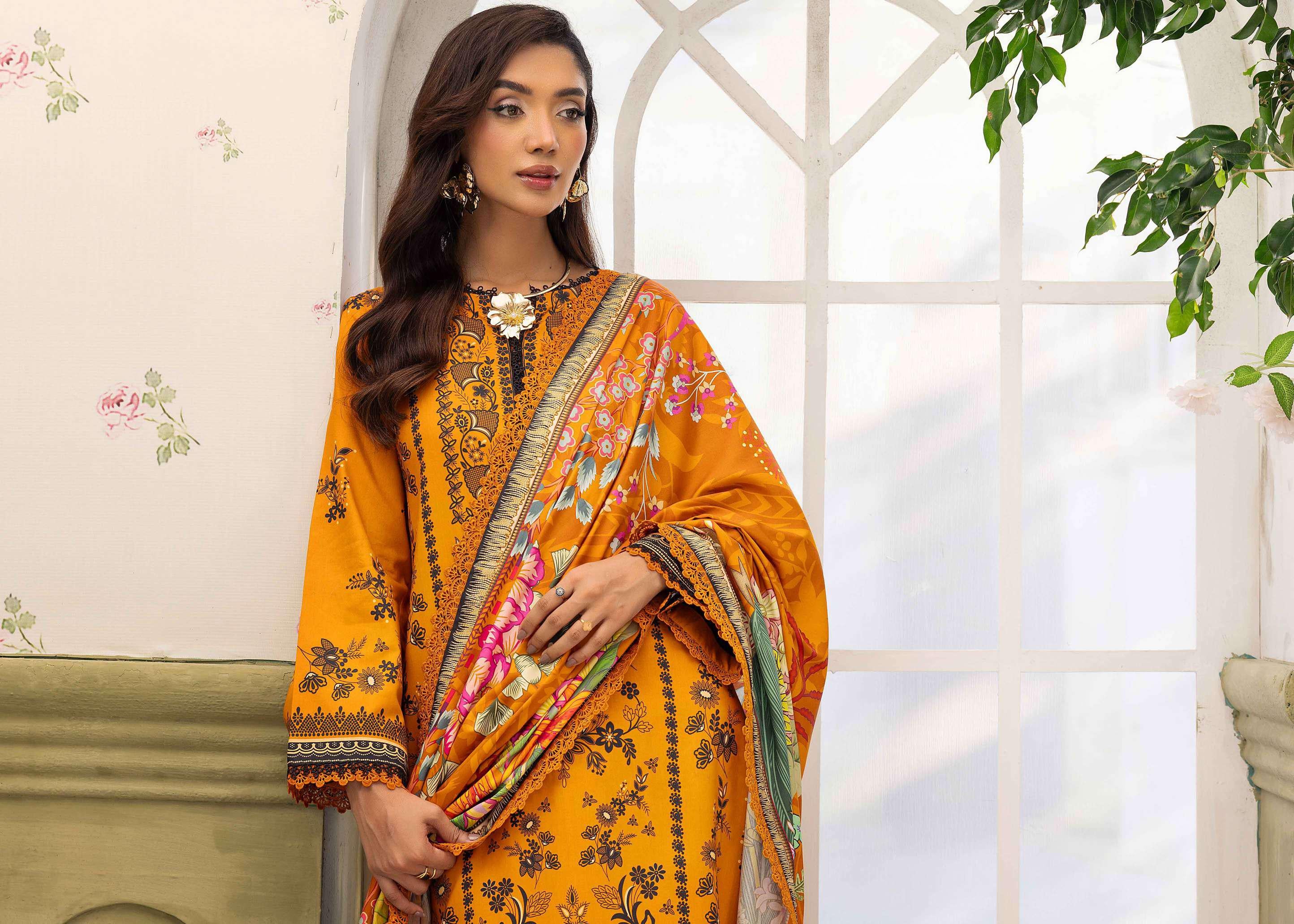Vibrant Mustard Digital Printed Linen Suit | 3-Piece Floral Winter Dress | Premium Pakistani Unstitched Ensemble