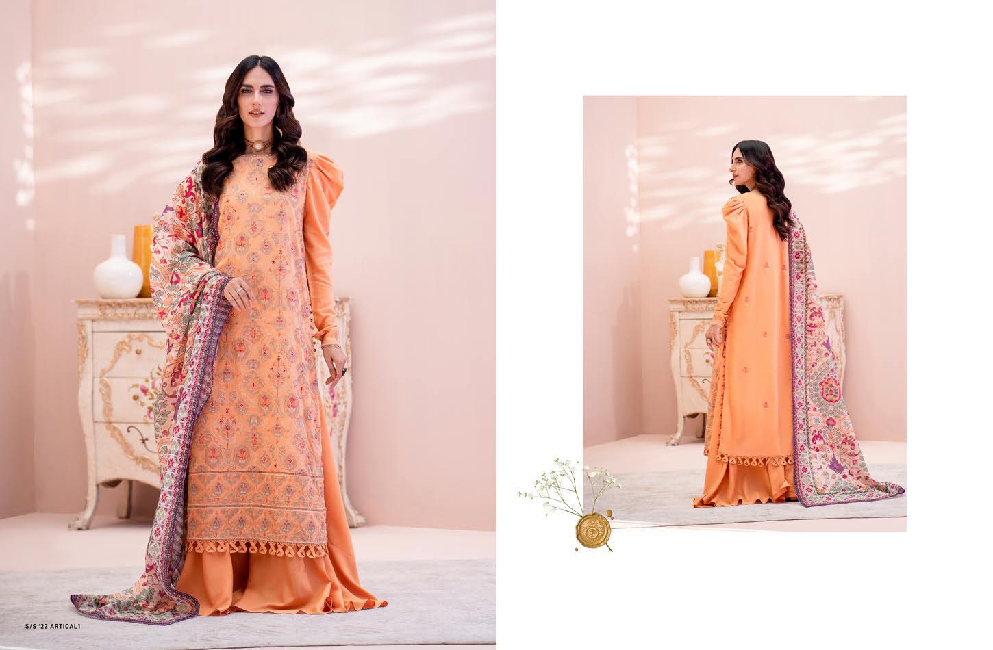 "The Coral Glow" | Heavy Embroidered Karandi 3-Piece Suit with Art Print Shawl | Unstitched