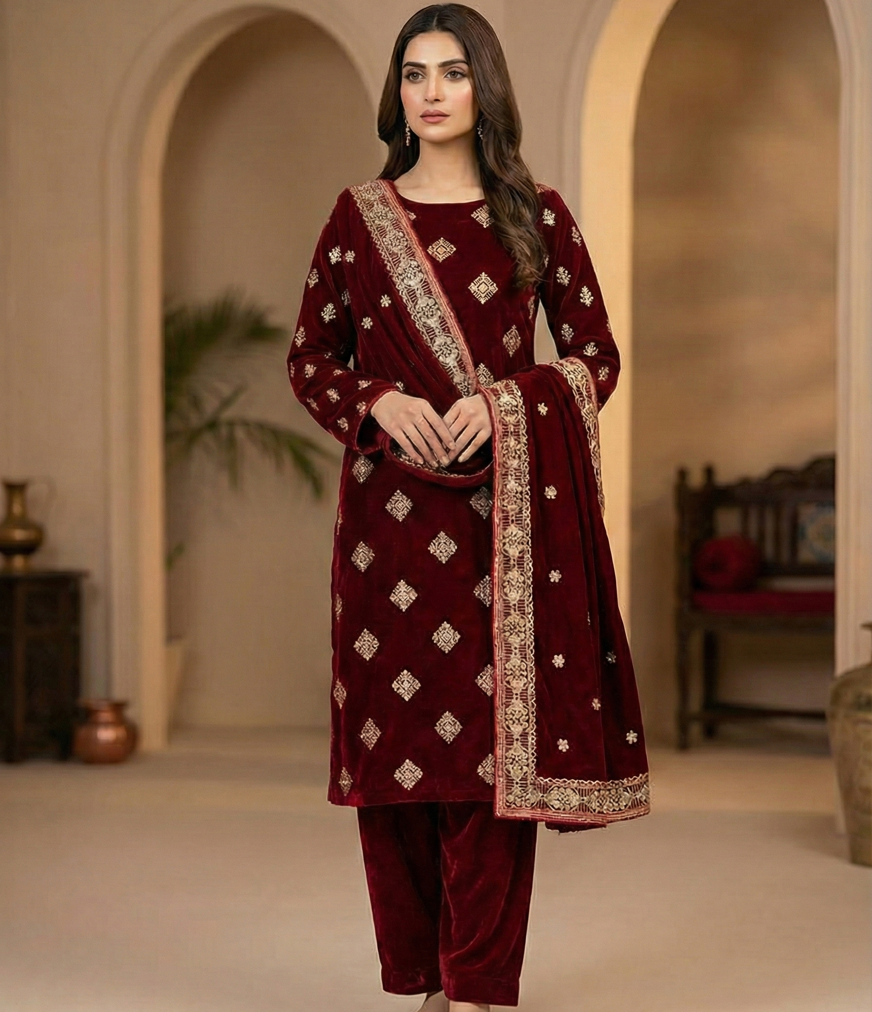 Royal Burgundy 3-Piece Embroidered Velvet Suit | Premium Winter Wedding Collection