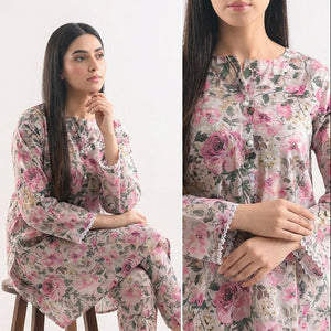 Woman wearing a floral outfit in multiple poses on a white background