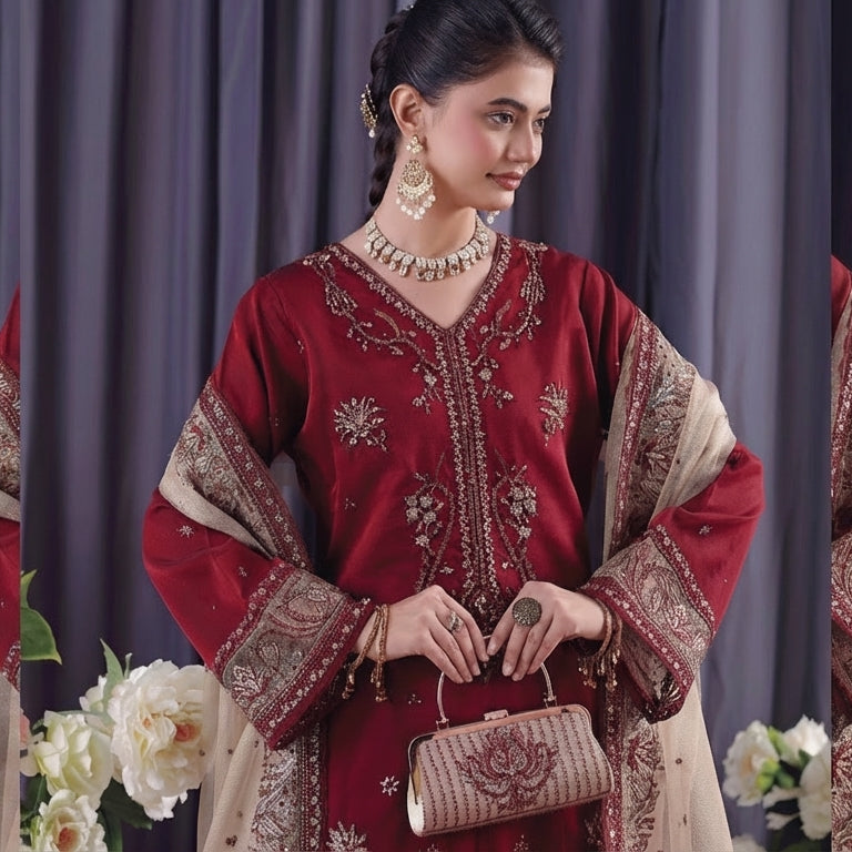 Woman in a red and beige traditional outfit with floral decorations and a gray curtain background.