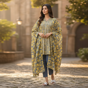 Woman in a yellow floral dress standing in an outdoor setting with trees and a building in the background.