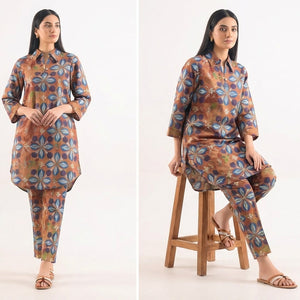 Woman wearing a patterned outfit in three different poses on a white background