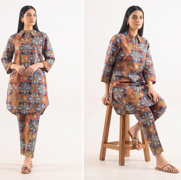 Woman wearing a patterned outfit in three different poses on a white background