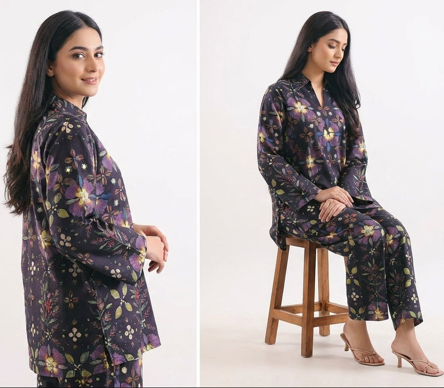 Woman wearing a floral pajama set in three different poses on a white background