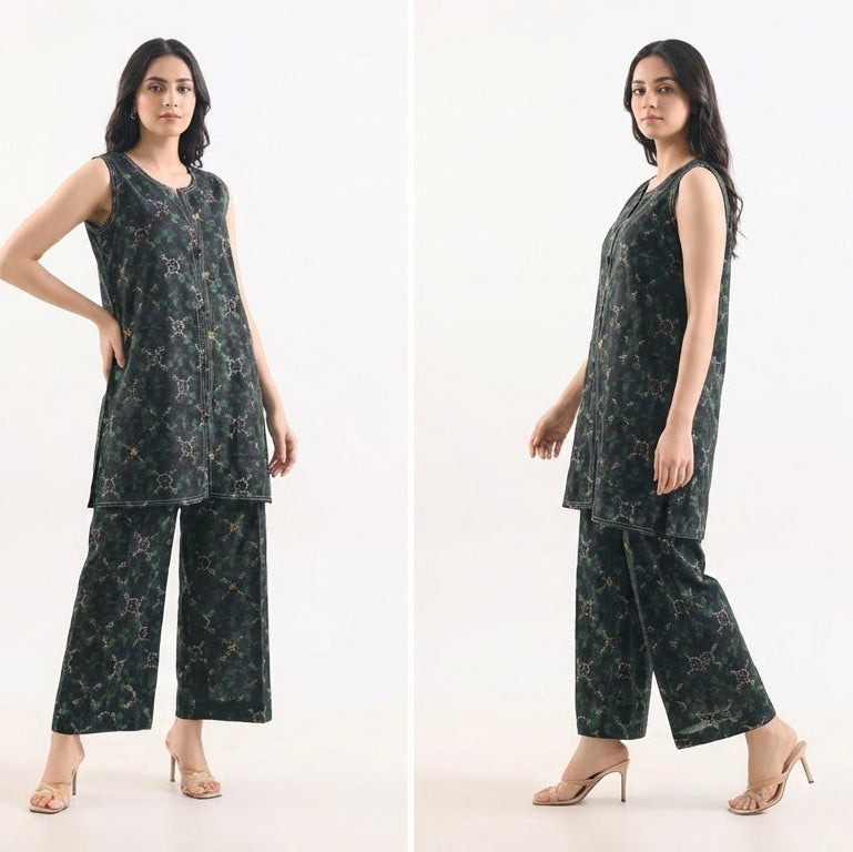 Woman modeling a black patterned outfit on a white background