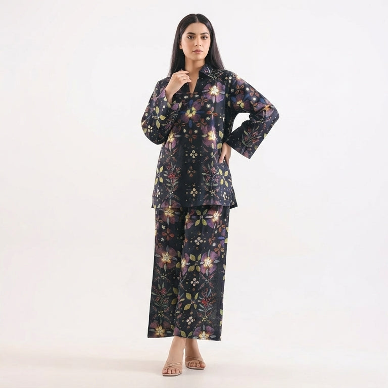 Woman wearing a floral outfit on a white background