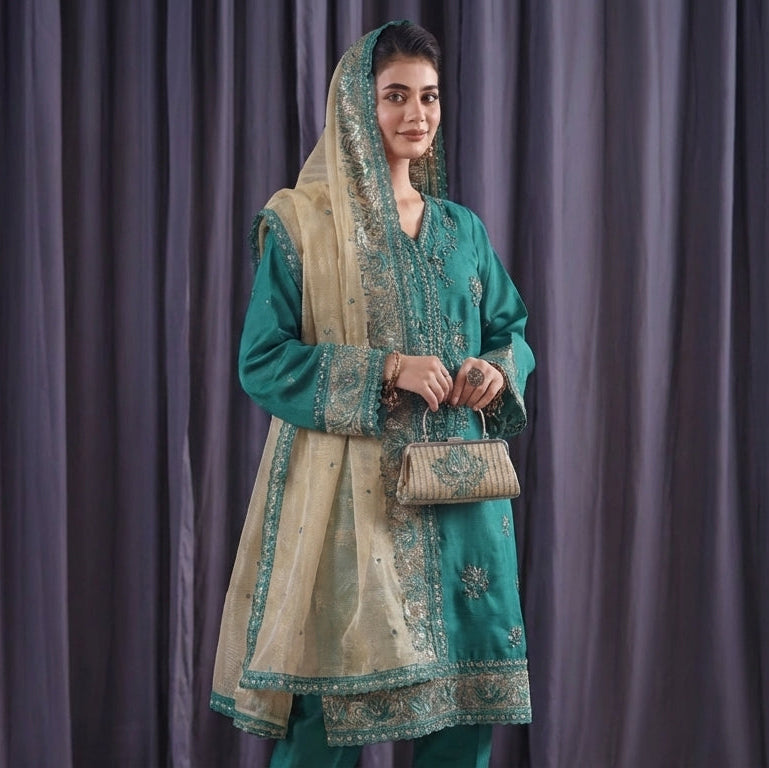Woman in a teal and beige traditional outfit standing against a purple curtain