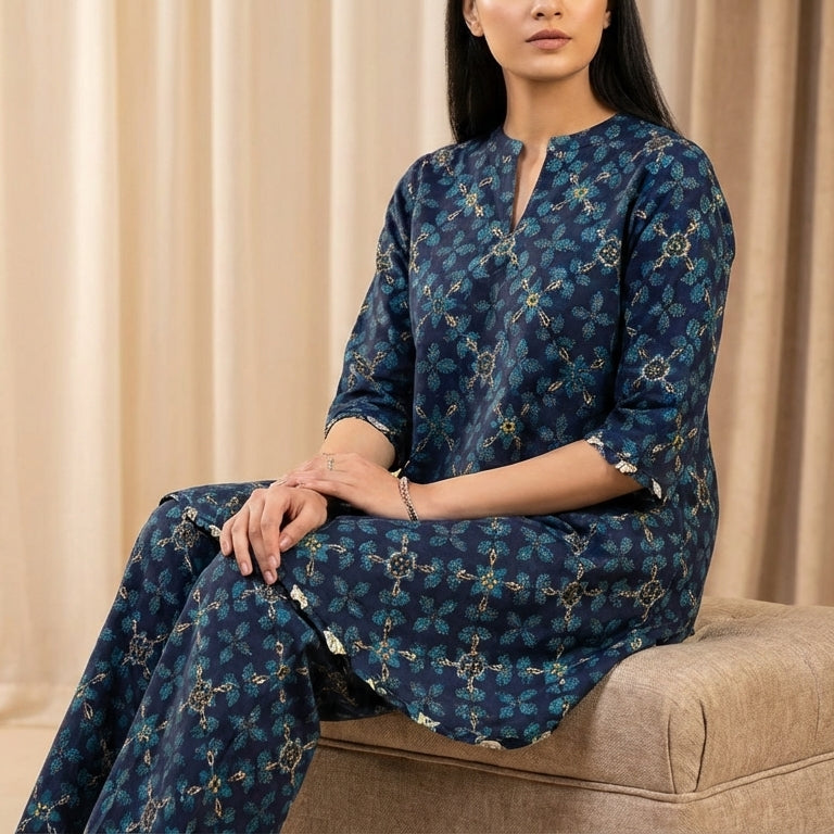 Woman wearing a blue floral dress sitting on a beige ottoman with beige curtains in the background