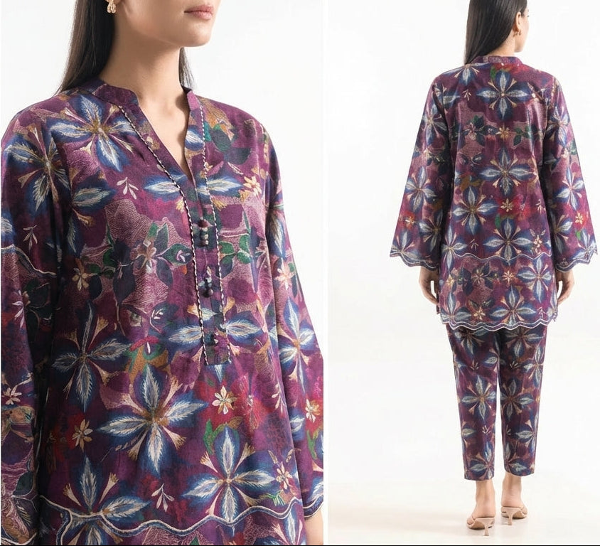 Multicolored floral outfit on a white background